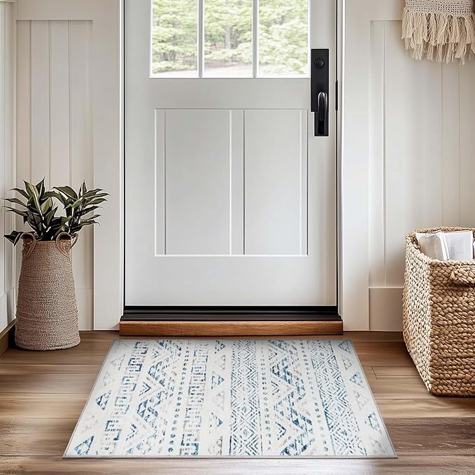 jinchan Boho 2x3 Rugs for Entryway - Machine Washable Doormat Moroccan Soft Throw Rug Bohemian Diamond Non-Slip Carpet for Entrance Kitchen Laundry Room Bedroom (2‘x3', Blue)