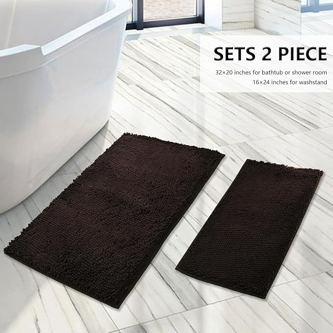Bathroom Rugs Sets 2 Piece, Extra Soft Chenille Bath Mat Ultra Absorbent Bathroom Rug, Bathroom Mat with Sturdy PVC Non-Slip Bottom, Machine Washable Bath Rugs (20x32 Inch + 16x24 Inch, Coffee)