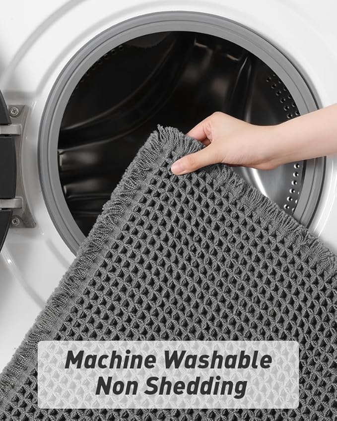 AMOAMI Upgraded Waffle Runner Rug Super Absorbent Non Slip Bath Mats for Bathroom Floor Machine Washable Bathroom Runner Rug with Tassels, Ideal for Hallway Bedroom Laundry Room, Dark Grey, 17" x 48"