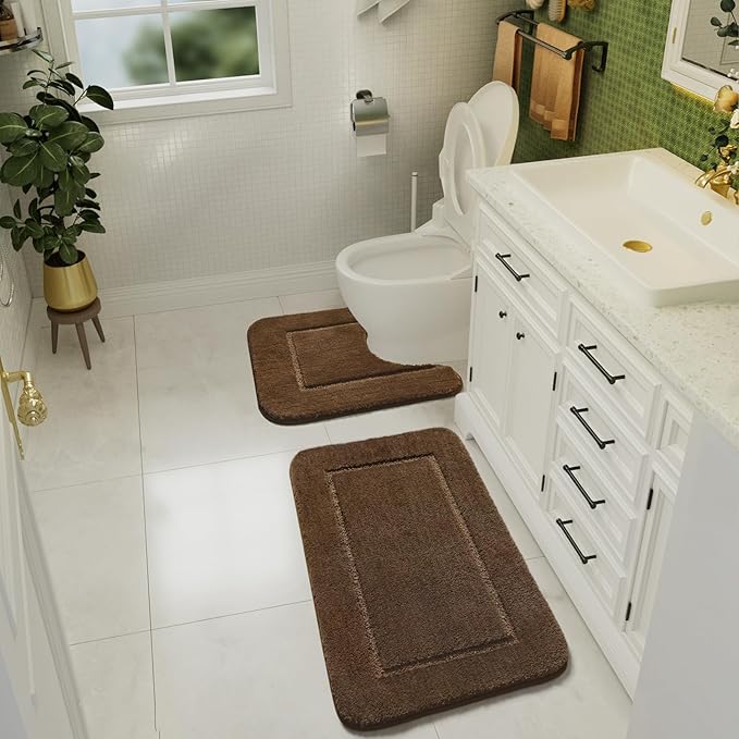 LOCHAS Bathroom Rug Set Light Brown, Soft Bath Rug Set 2 Piece Set, Toilet Mat U-Shaped 20x20 and 34x20 Bath Rugs, Quickly Dry Mats for Bathroom, Tub, Washable, Super Absorbent Floor Mat
