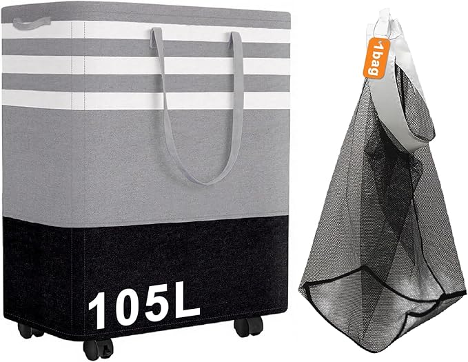 Wakefit 105L Large Laundry Basket, Laundry Hamper with 4 Wheels, Collapsible Waterproof Clothes Basket, Freestanding Hamper with Handles for Bedroom, Bathroom, Laundry Room (Gray - L)