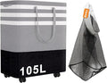 Wakefit 105L Large Laundry Basket, Laundry Hamper with 4 Wheels, Collapsible Waterproof Clothes Basket, Freestanding Hamper with Handles for Bedroom, Bathroom, Laundry Room (Gray - L)