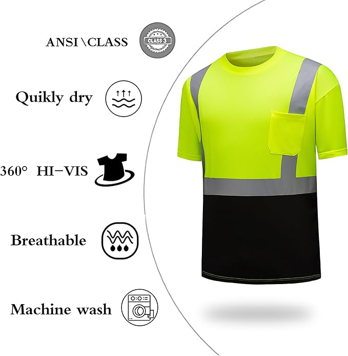 High Visibility Shirts Quick Dry Safety T Shirts with Reflective Strips and Pocket Short Sleeve Mesh Hi Vis Construction Work Class 2 Shirt for Men/Women Black Bottom Lime,2XL