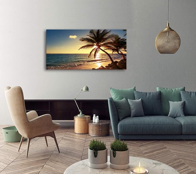 Muolunna S04950 Wall Art Decor Large Canvas Print Picture Sunset Ocean Beach Waves 1 Panel Coconut tree Scenery Modern Painting Artwork for Office Home Decoration Stretched and Framed Ready to Hang