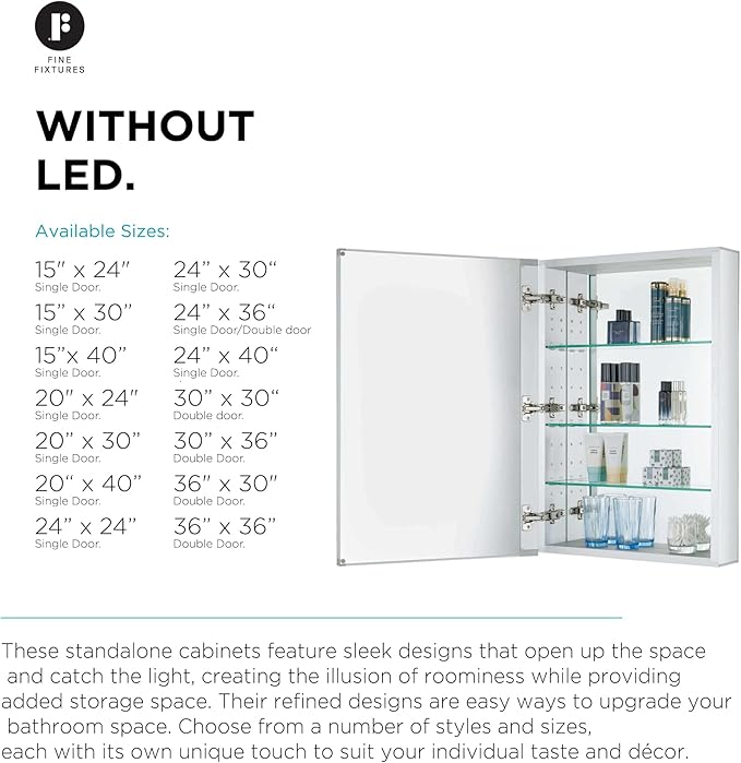 Fine Fixtures Bathroom Medicine Cabinet - Single Door, Aluminum, Recessed/Surface Mount, 24" x 36", Right/Left Hinged, Mirrored Interior