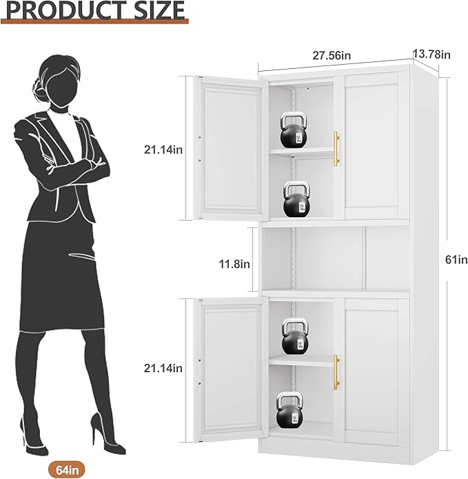 61.02" Kitchen Pantry Cabinet, Large Metal Storage Cabinet with 4 Doors and 1 Open Storage Compartment, Corner Display Organizer with 2 Adjustable Shelves for Kitchen Bedroom or Hallways (White)