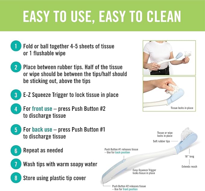 Juvo Toilet Aid (Pack of 2) - Personal Bottom Wiping Tool, Bathroom Mobility Aid for Disabled, Elderly, and Surgery Recovery - 18" Long Wand with Hygienic Cover