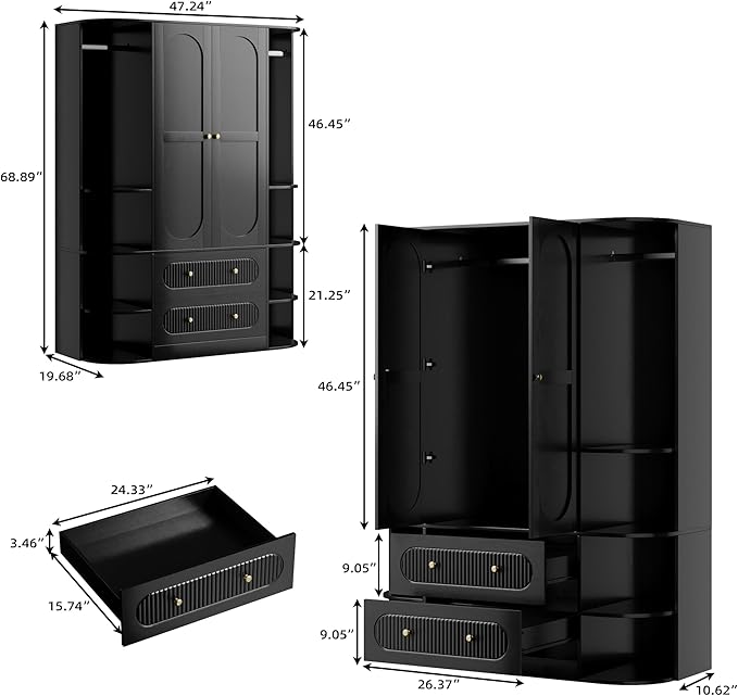 69” Fluted Large Capacity Storage Wardrobe Armoire, Wardrobe Armoire Wooden Closet with 2 Doors, 3 Hanging Rod Shelves, 2 Drawers & 6 Display Shelves, Bedroom Clothing Storage Cabinet Black