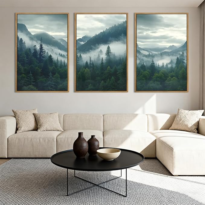 IARTTOP Large Misty Mountain Framed Wall Art 16x24 inch Green Foggy Forest Canvas Wall Decor Modern Pine Trees Nature Landscape Prints for Living Room Bedroom Set of 3