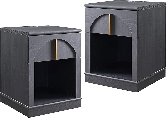 ACCOHOHO Modern Night Stand Set 2 with Arched Panel,18" Wooden nightstand with Charging Station,Bedside Table with Drawer Storage,Side End Table with Open Shelf for Bedroom,Living Room,Black