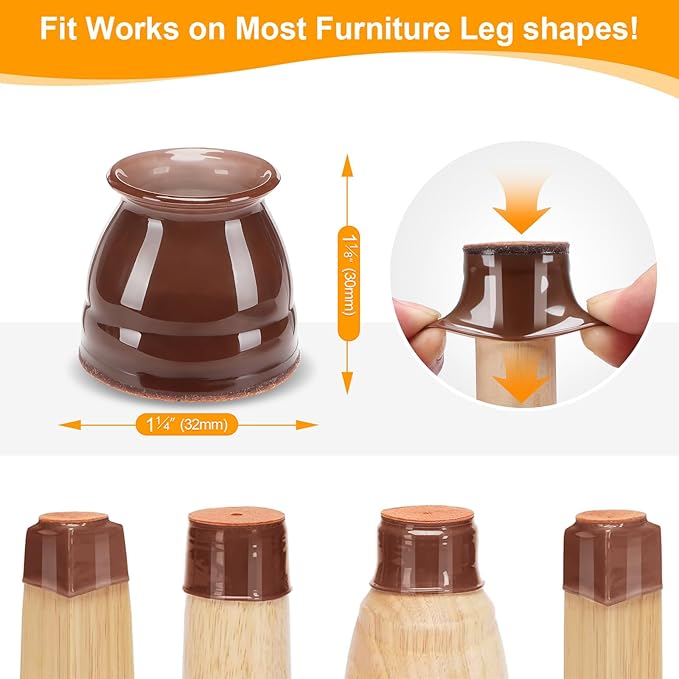 CHUNZEXI 32 Pack Chair Leg Floor Protectors for Hardwood Floors, Silicone Felt Covers Pads Caps, Protect Wood Furniture Feet Floors Noise Reduce and Scratch (Universal Small & Brown)