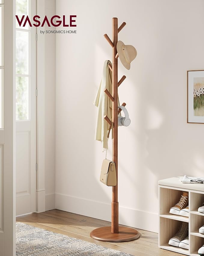 VASAGLE Solid Wood Coat Rack, Free Standing Hall Coat Tree with 8 Hooks, 3 Height Options, for Coats, Hats, Bags, Purses, for Entryway, Hallway, Rubberwood Hooks and Pole, Caramel Brown URCR009W01