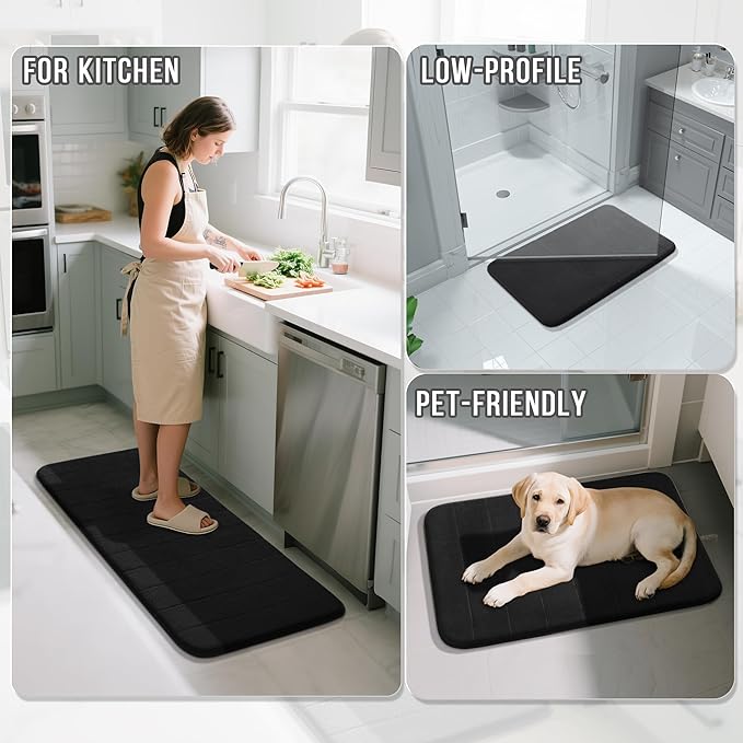 Yimobra Memory Foam Bath Mat Set 3 Pieces- Super Soft Absorbent Quick Dry Bathroom Rug Sets, Machine Washable Non Slip Floor Carpet for Tub Shower, Vanity & Toilet Base, Black