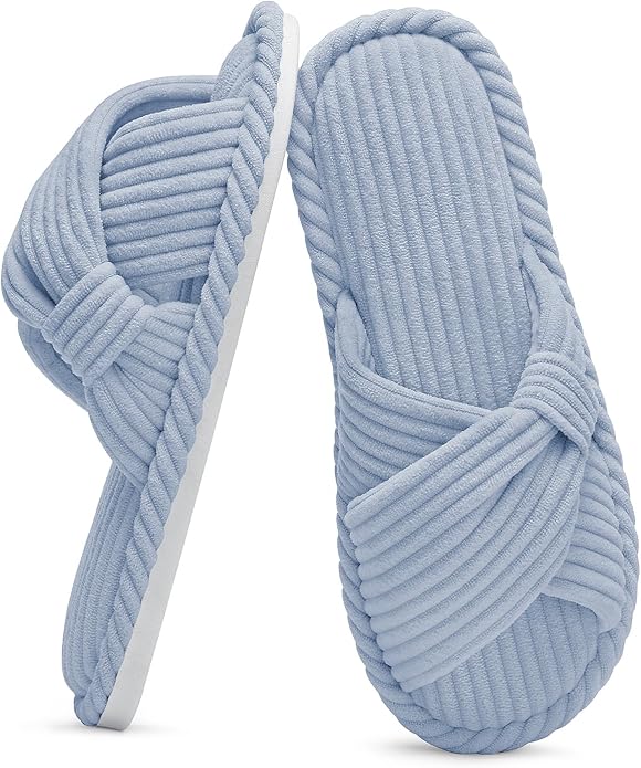 Evshine Fall House Slippers for Women Corduroy Cross Bow Indoor Slippers Open Toe Slip On Bedroom Shoes with Memory Foam