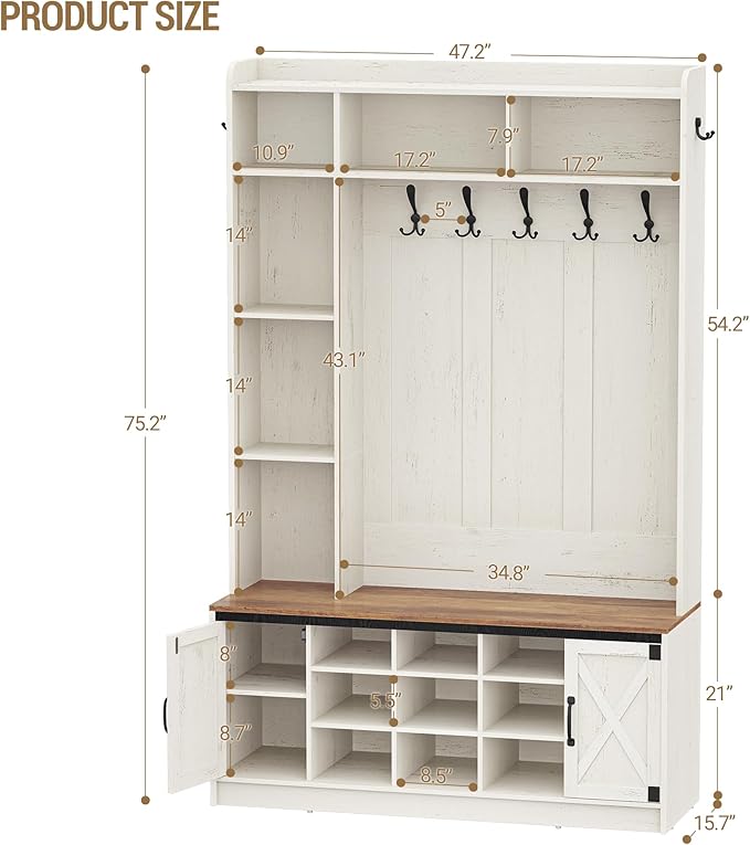 47.2" Hall Tree, LED Farmhouse Entryway Storage and Coat Rack Wood, Entryway Furniture with 7 Hooks, Hall Tree with Bench and Storage, 6 Storages Partitions Shoe Bench, Rustic White HT24614X
