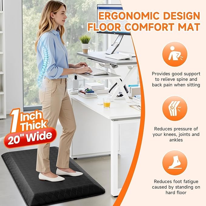 StepRite 1” Thick Kitchen Mats for Floor, Anti Fatigue Kitchen Rugs, Non-Slip,Heavy Duty Waterproof Kitchen Rug, Standing Desk Mat，Xmas Decor，Gifts for Friends, Family, Home, Kitchen, Office, (Black)