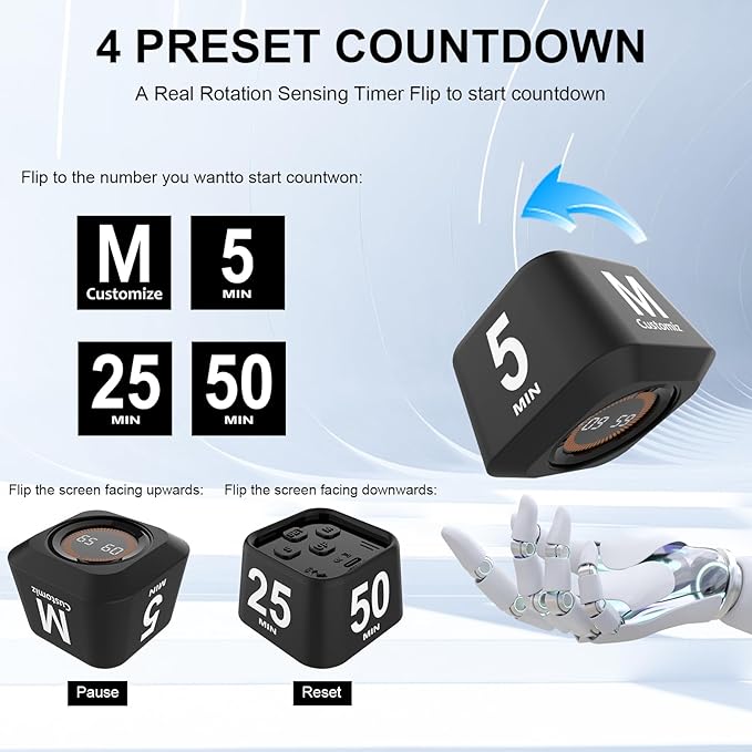 Rotating Cube Pomodoro Timer 5, 25, 10, 50 Min Preset + Custom Countdown, Desk Productivity Flip Visual Timer w/Silicone Case, Silent Mode, Ideal for ADHD Tool Study Work School (Black)
