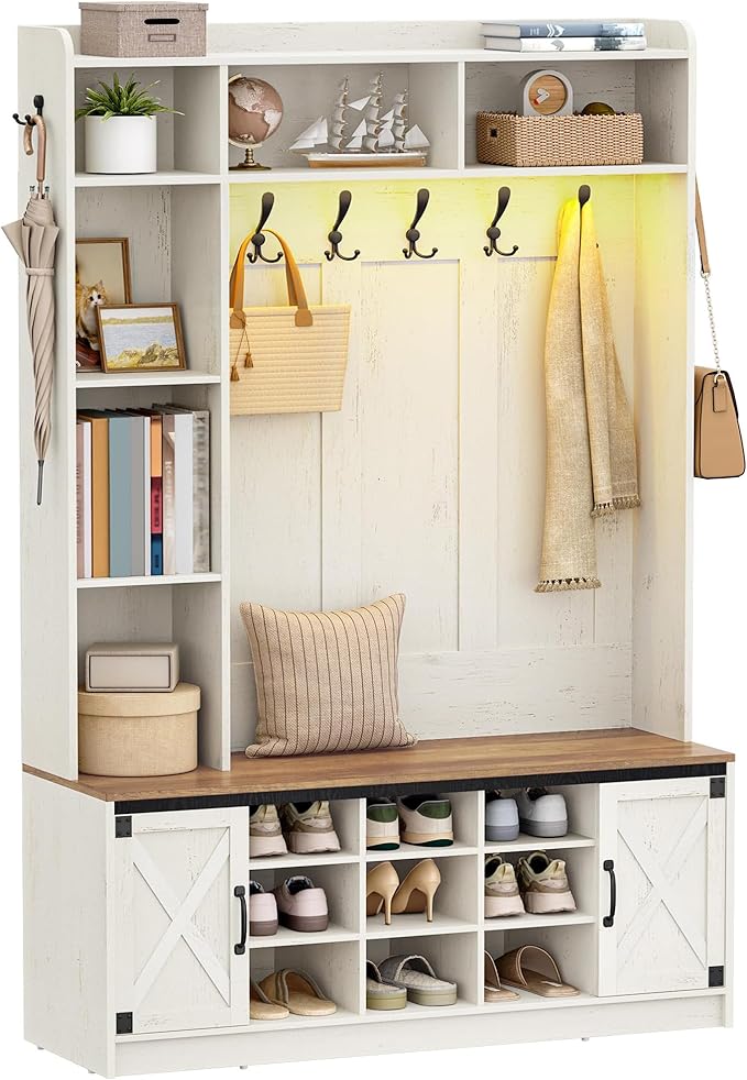 47.2" Hall Tree, LED Farmhouse Entryway Storage and Coat Rack Wood, Entryway Furniture with 7 Hooks, Hall Tree with Bench and Storage, 6 Storages Partitions Shoe Bench, Rustic White HT24614X