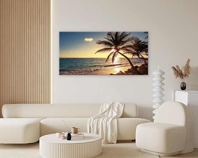 Muolunna S04998 Wall Art Decor Large Canvas Print Picture Sunset Ocean Beach Waves 1 Panel Coconut tree Scenery Painting Artwork for Office Home Decoration Stretched and Framed Ready to Hang