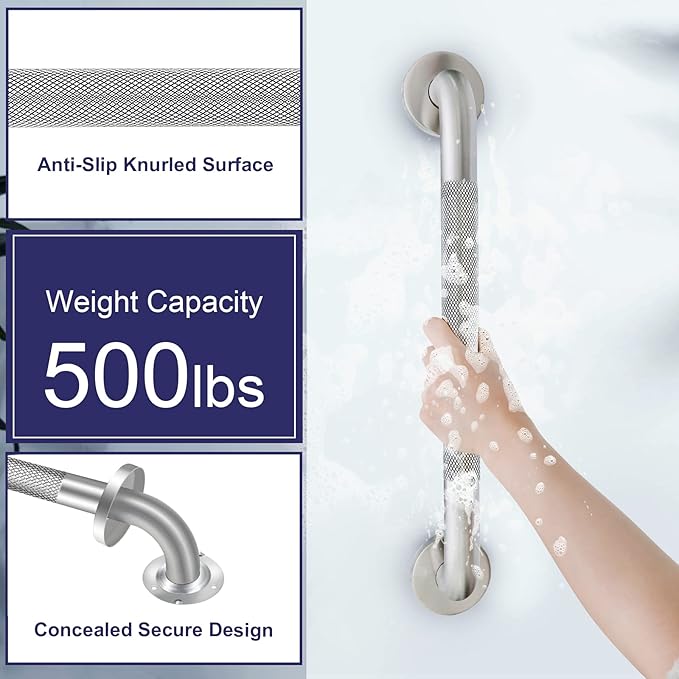 2 Pack 18 inch Shower Grab Bar with Knurled Anti-Slip Grip, ADA 500lbs Supporting, Grab Bar for Bathroom with Concealed Screws, Stainless Steel Chrome Polished Handicap Grab Bar for Christmas Gifts