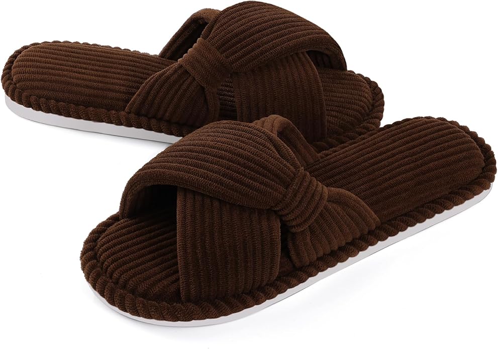Evshine Fall House Slippers for Women Corduroy Cross Bow Indoor Slippers Open Toe Slip On Bedroom Shoes with Memory Foam