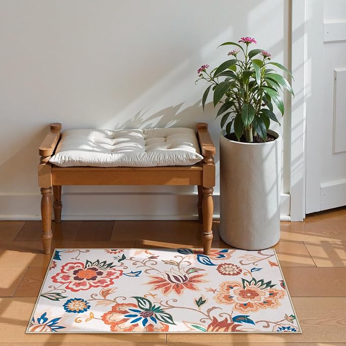 Beeiva Floral Entry Way Rugs Indoor Washable, Ultra Thin 2x3 Throw Rug Non Slip for Kitchen, Soft Paisley Mat Carpet for Bedroom Entrance Bathroom (Beige,2'x3')
