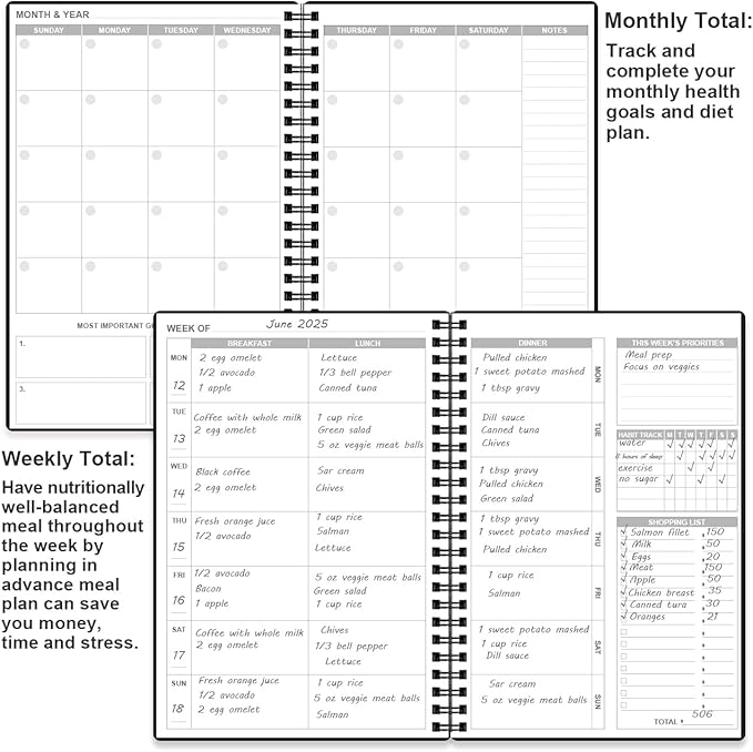 Weekly Meal Planner Notebook - A5 Weekly & Daily Meal Prep Journal with Shopping and Grocery Lists for Menu Planning, 93 Sheets/186 Pages Healthy Diet & Weight Loss Tracking, Undated, 52 Weeks, Lasts