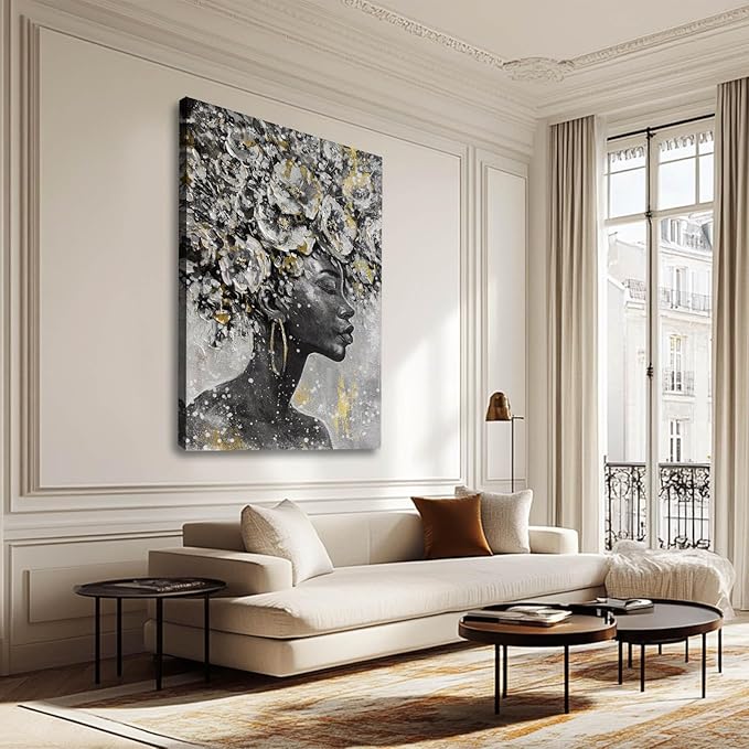 MLART99 Large Gold Flowers Painting for Office African American Black Woman Portraits for Bedroom 32"x 48" Posters for Room Aesthetic Grey Wall Hanging Decor for Living Room