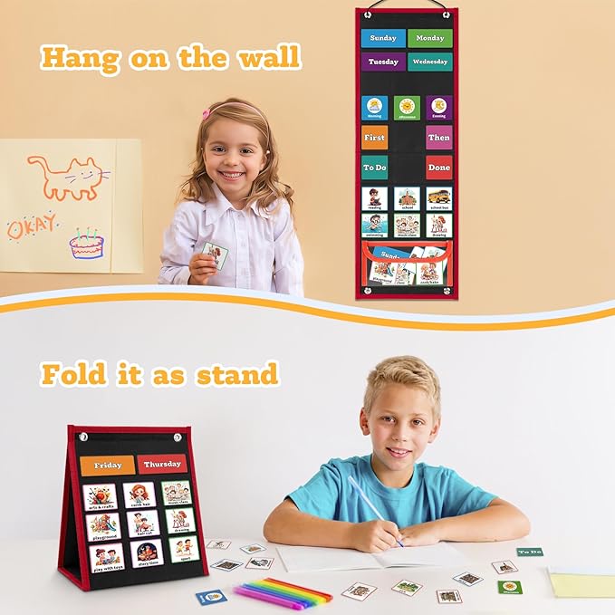 Visual Schedule for Kids Chore Chart，2 in 1 Daily Schedule Board Routine Pocket Chart Cards for Toddlers,Autism Learning Materials Tool Wall Planner for Home School with 103 Cards （Black）