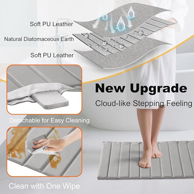 Stone Bath Mats for Bathroom, Super Absorbent Diatomaceous Earth Bath Mat Comfort PU Leather Finish, Quick Dry Non-Slip Easy to Clean,Removable & Foldable Stone Dish Drying Mat Kitchen 24x16