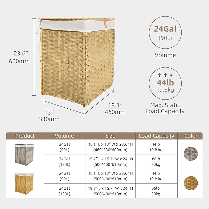 90L Foldable Outdoor Wicker Storage Basket with Lid - Patio Storage Hamper with Removable,Machine Washable 2-Compartment Liner & Handles for Clothes,Pillows,Bedding(Yellow)