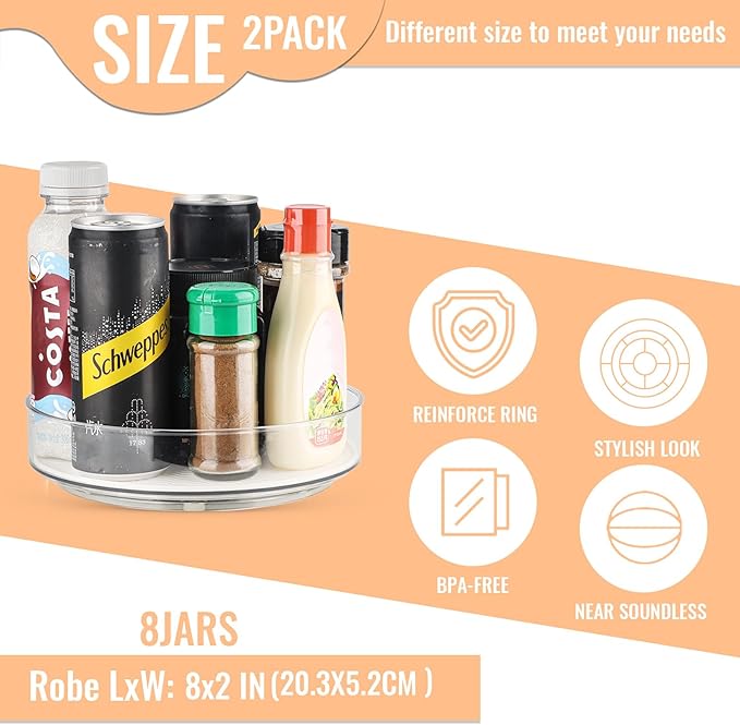 2 Pack Lazy Susan Organizer for Cabinet：Lazy Susan Turntable (8 Inch) with Non-Slip Mat and Handles,Turntable Rack for Kitchen,Pantry,Refrigerator,Bathroom and Vanity Countertop