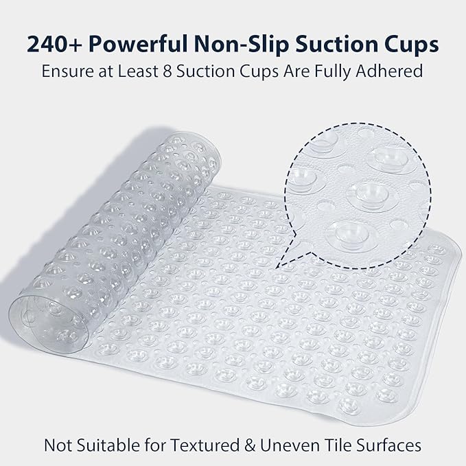Large Shower Mat 21.5x33.5 Inch Clear, Soft Non Slip Shower Mats for Inside Shower with Big Suction Cups Drain Holes, Extra Large Bath Bathtub Mat Floor Stall Mats, BPA-Free, Easy Clean