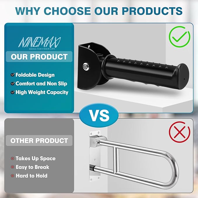 NINEMAX Doorway Assist Handle for Stairs, Flip Up Folding Grab Bar for Wall, Foldable Safety Grab Handle for Elderly/Handicap or People with Balance Issue, Metal Grip Handrail for Seniors