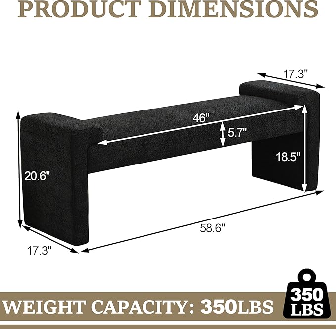 58.7" End of Bed Upholstered Bench Modern Bedroom Bench for Living Room & Entryway, Easy Assembly, Footrest Ottoman Accent Window Bench with Solid Wood Frame & Curved Arm, Black