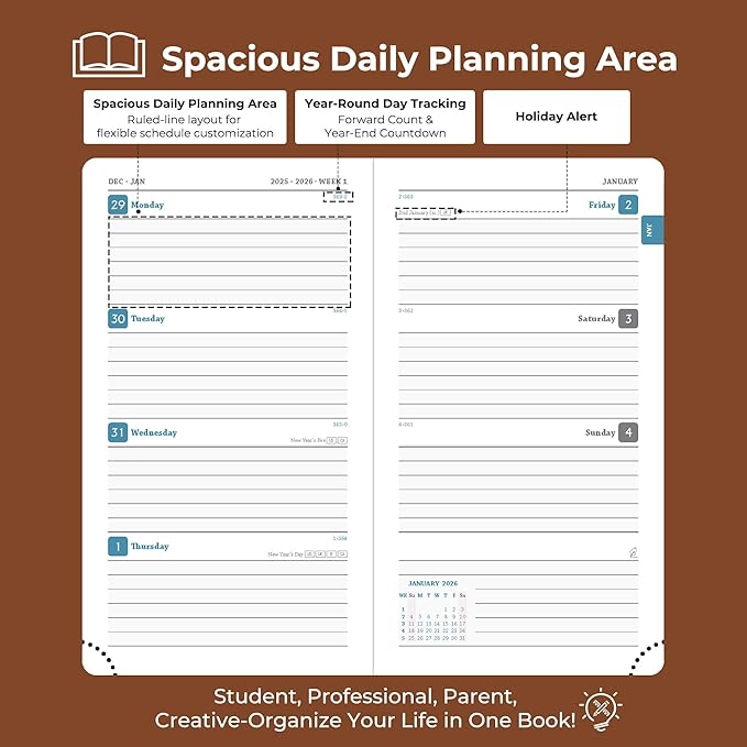 Planner 2026 Daily Weekly and Monthly,6.5"x3.75",12 Months Spiral Bound Calendar Agenda with Self-adhesive Pen Holder,2026 Appointment Book with Vegan Leather Soft Cover,Brown