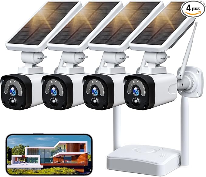 Camcamp Solar Camera Wireless Outdoor,Home Security Camera System,2.4G WiFi Outdoor Camera Wireless,Solar-Powered 4MP 4 Cam-Kit,360° PTZ,2K Color Night Vision,2-Way Audio,No Subscription,IP66