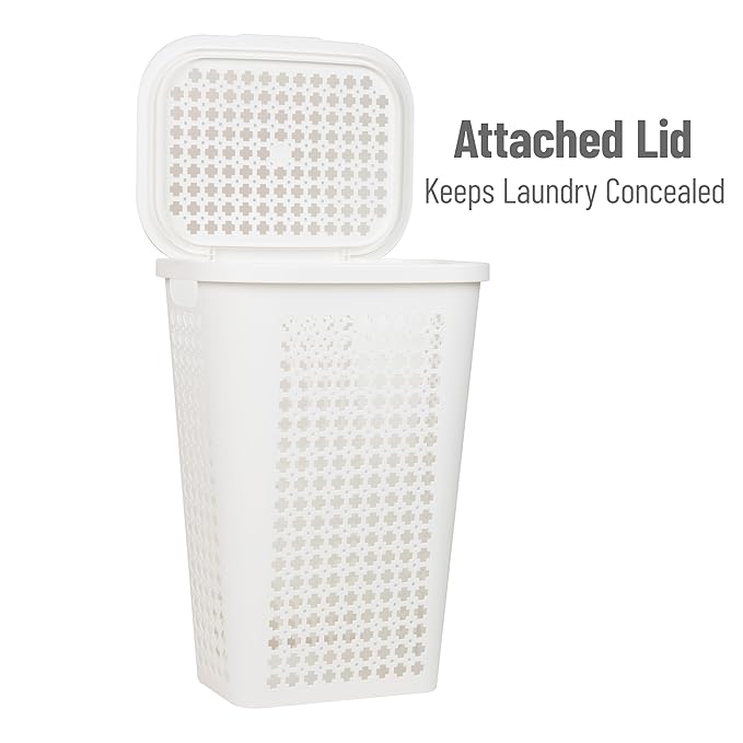 Mind Reader Slim Tapered Laundry Hamper with Lid, Clothes Basket with Swiss Cross Cut-Outs, Lightweight & Ventilated, Plastic, 16.75"L x 12.75"W x 23"H, White