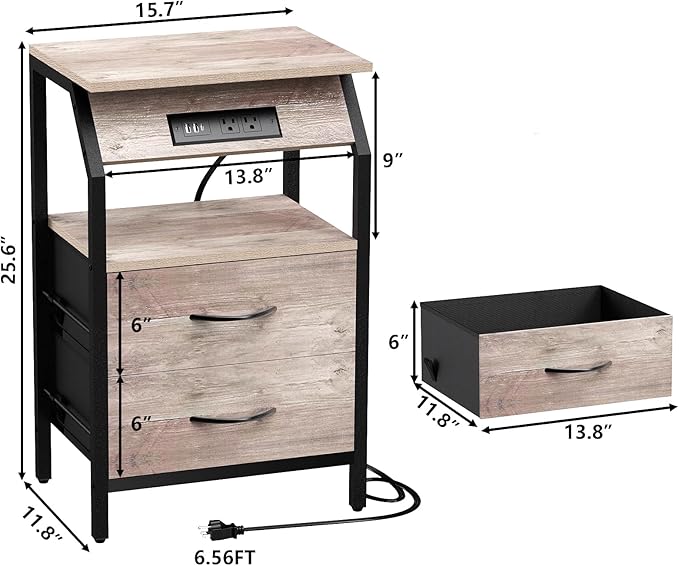 Storage End Table, Charging Nightstand with 2 Drawers, Small Fabric Dresser for Bedside, Wood and Metal Side Table for Living Room, Dorm, Grey Oak