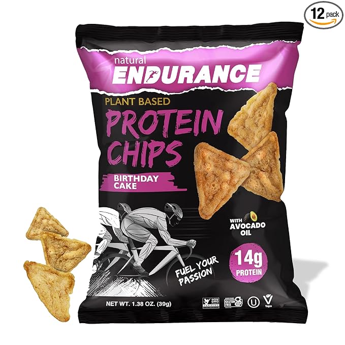 Natural Endurance Protein Chips - Low Carb Chips, High Protein Snack, Vegan Protein with Avocado Oil, 14g Protein Per Bag, Gluten Free, Birthday Cake Flavor - 1.38 oz Bags (Pack of 12)