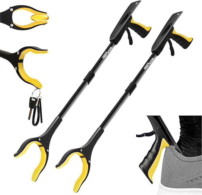 2 Pack 32 inch FDA Registered GrabRunner Folding Reacher Grabber Tool with Strong Magnetic and Swivel Head &Shoehorn (Yellow Yellow)