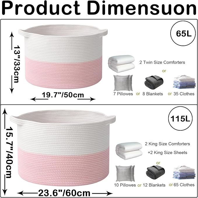 Large Storage Basket with Handle,23.6" x 23.6" x 15.7" Blanket Basket Storage Bins for Organizing,65L Cotton Rope Woven Baskets for Living Room, Nursery ,Bedroom,White&Pink