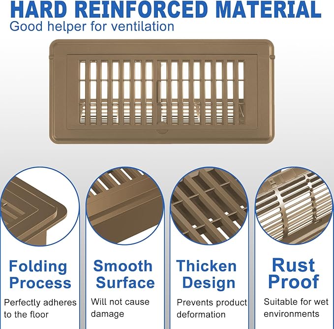 6-Position Tilt Vent Deflector & Floor Vent Cover, 2 Pack, 4x10 Floor Register, Tool‑Free Install, Adjustable Vent Covers for Home Floor, Office & Ceiling (Brown)
