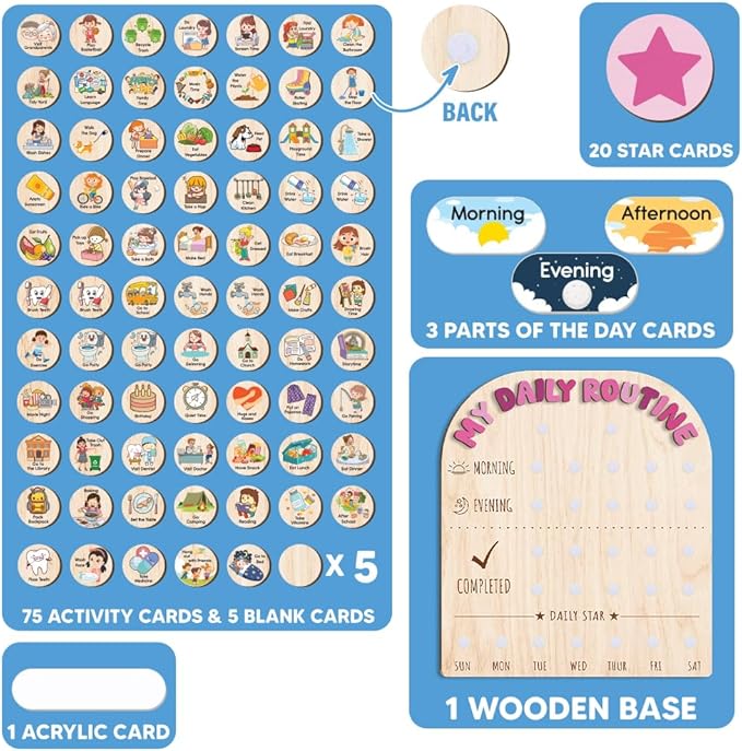 Wooden Daily Routine for Kids, Chore Chart for Toddler, Daily Responsibilities for Kids, Visual Schedule, Morning Bedtime Routine for Girls
