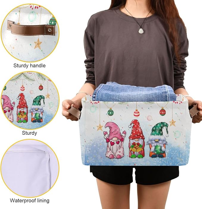 Storage Basket Gnomes Christmas Cube Storage Bins Organizer Bag Collapsible Closet Shelf Baskets with handle for Cloth Book 14.2×10.2×8.3 IN