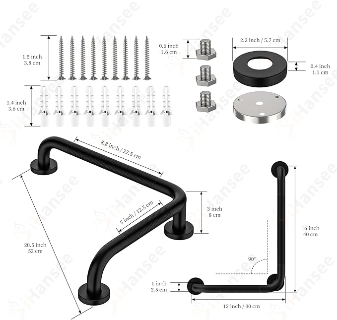 L-Shaped Angled Grab Bar 12x16 Inch Matte Black Anti-Slip Knurled Shower Handles Wall Mount, Stainless Steel Shower Bars for Seniors Injured Balance Support, Handicap Grab Bars for Bathtubs & Showers