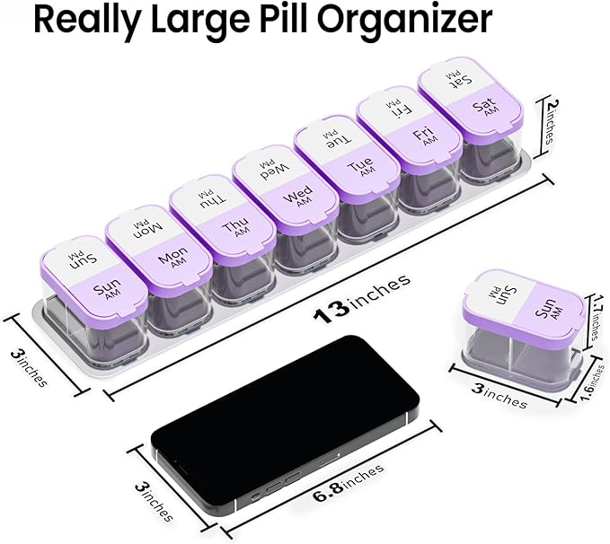 Daviky Large Pill Organizer 7 Day, Weekly XL Pill Box 2 Times a Day, Extra Big Medicine Case AM PM for Vitamins, Supplements and Medication