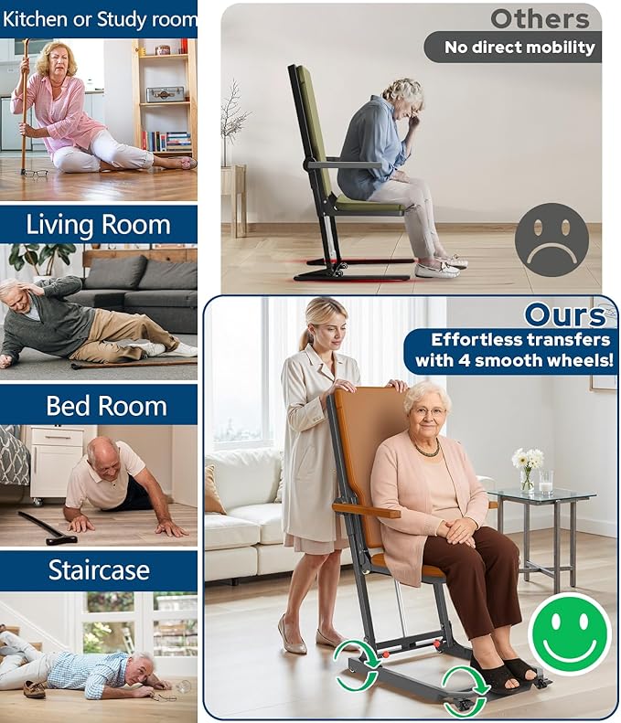 Electric Chair Lift Indoor Movable Floor Lift for Elderly Falls, Lift Chair Devices to Lift Elderly Off Floor with 4 Wheels, Max Capacity 400 Lbs