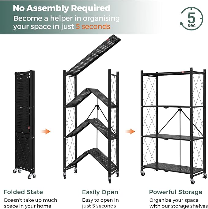 DEANIC 4 Tier Foldable Storage Shelves with Wheels, Large Capacity Shelving Unit, Freestanding Metal Wire Shelf Rack, No Assembly Organizer Rack for Garage Kitchen, Basement, Pantry(Black Pack of 2)