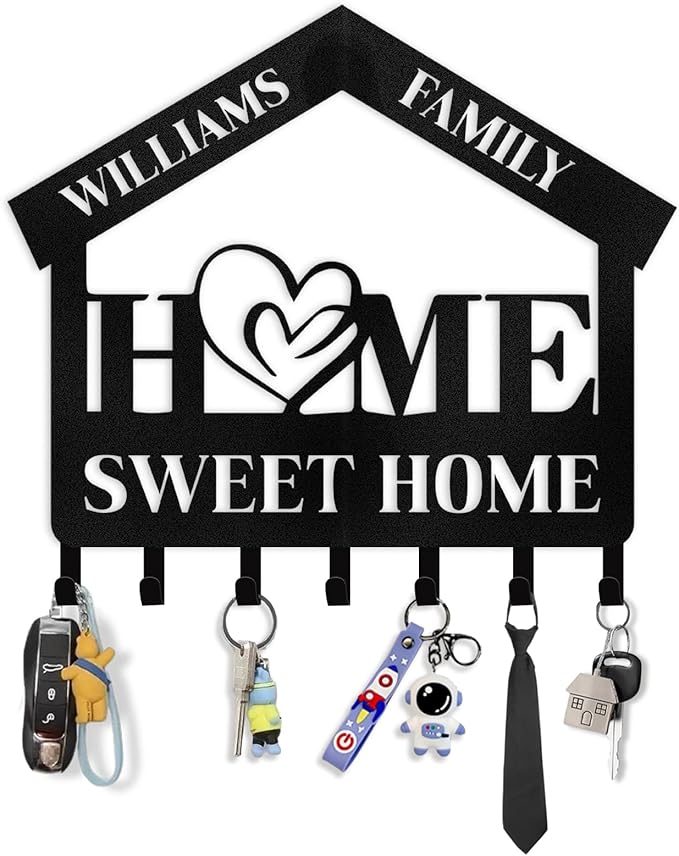 Personalized Key Holder for Wall | Sweet Home Key Holder Wall Mounted | Black Metal Key Hanger Wall Decorative | Housewarming Gifts | Key Rack Organizer for Living Room, Bedroom, Entryway
